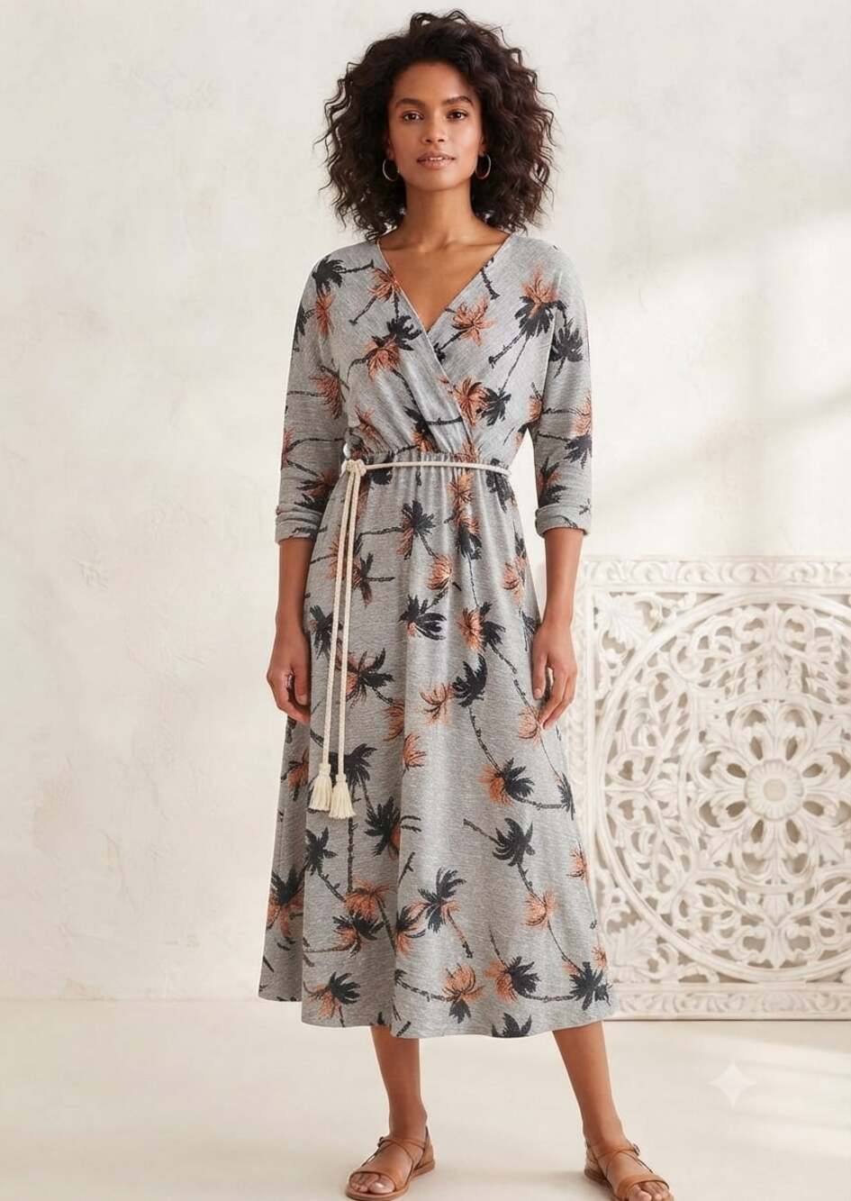 Dress Forum Palm Tree Print Wrap Maxi Dress with Rope Belt Size M
